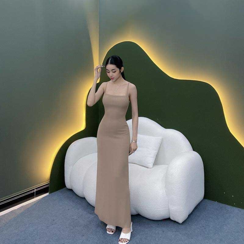 Đầm body dáng ôm dài midi 2 dây thun tăm co giãn