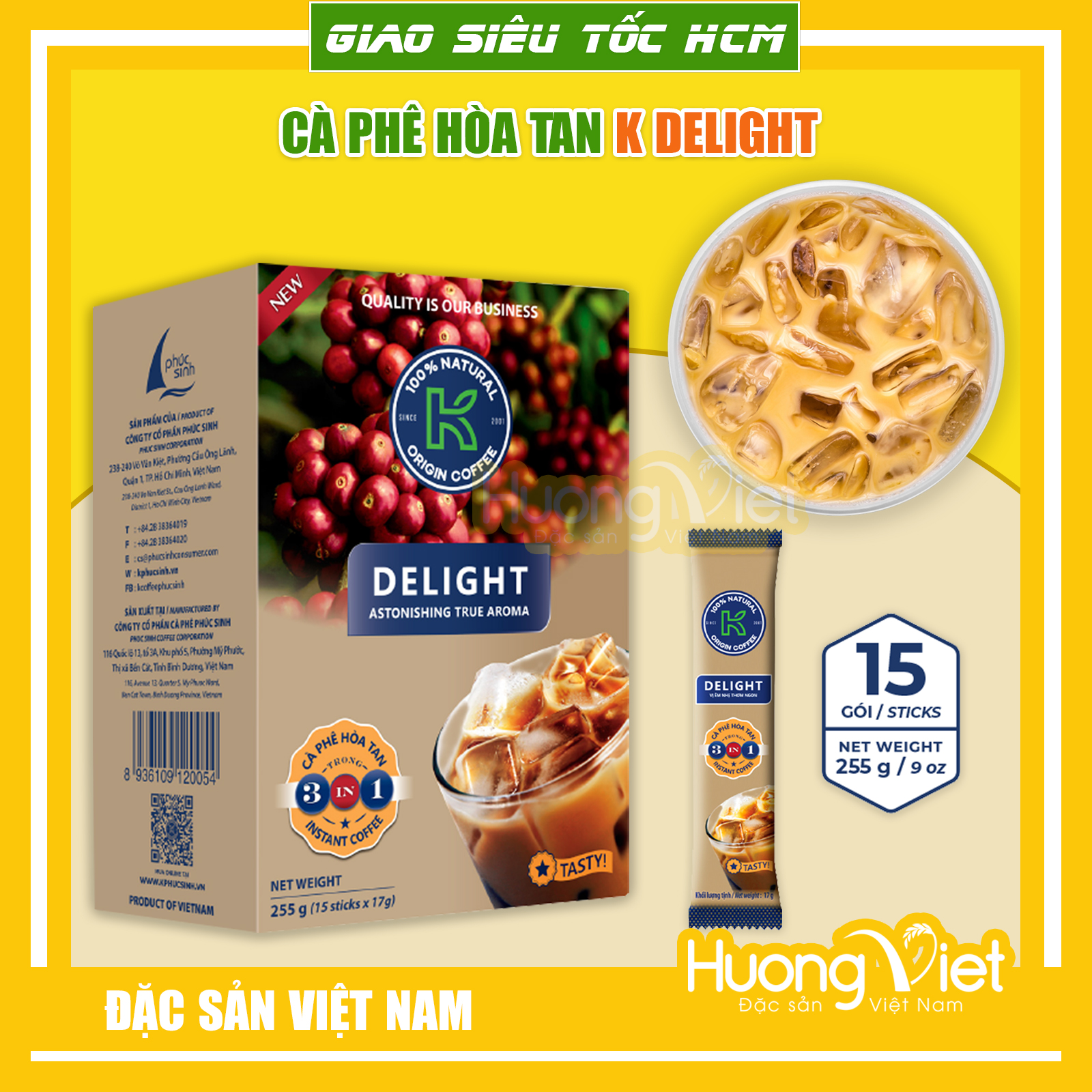 Cà phê hòa tan K Coffee Delight 3 in1, cà phê sữa hòa tan hộp 15gói x 17g, cà phê sữa đá truyền thống Việt Nam