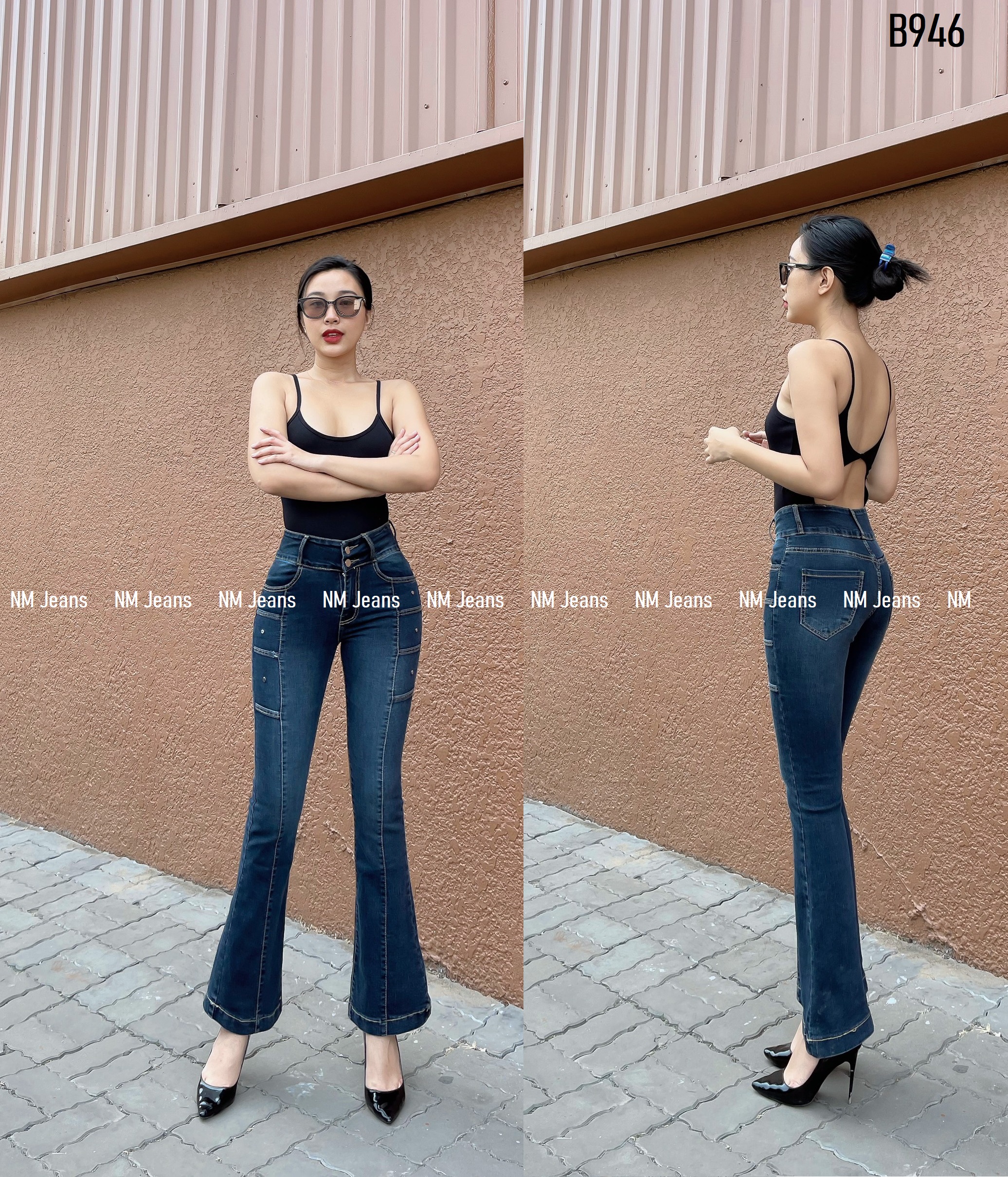 Quần jean nữ ống loe dây đan làm xám tây B946