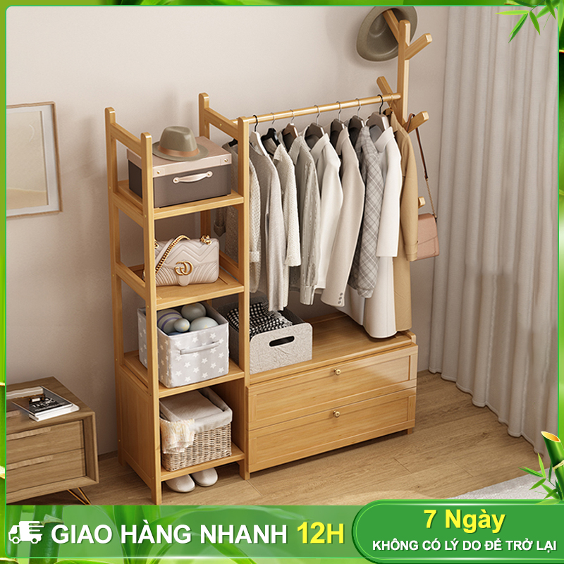 BOHO Giá treo quần áo Móc treo đồ bằng tre đơn giản tích hợp ngăn kéo đa năng tiết kiệm không gian