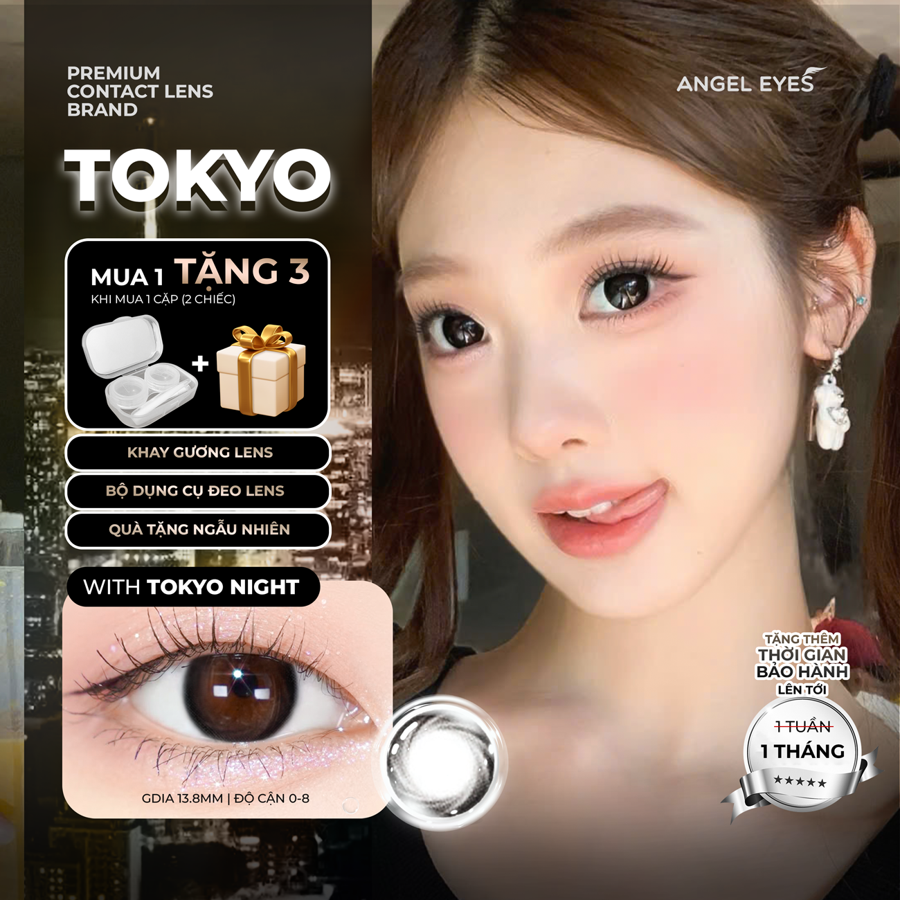  Lens đen giãn tròng có độ 0-8 Tokyo Night nhãn hiệu Angel Eyes kính áp tròng đen tự nhiên giãn tròng 14.5 thích hợp đi học đi làm 