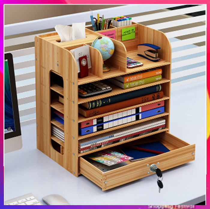 Kệ sách để bàn kệ gỗ có khóa nhiều ngăn B05- S Màu nâu