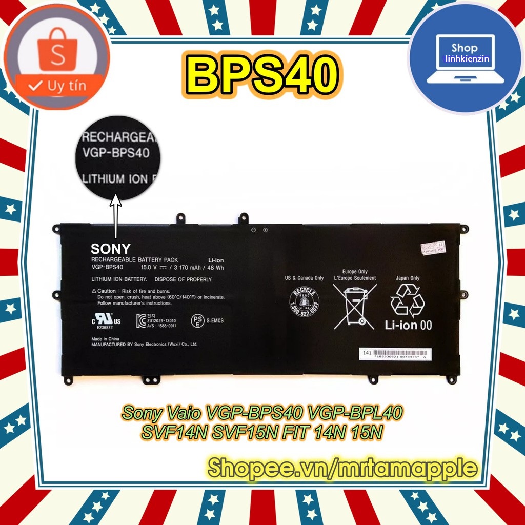 🎁 Pin Laptop SONY BPS40 (ZIN) - 4 CELL - SVF14N, Sony Vaio Flip SVF 15A, SVF15N, SVF15N1, VGP-BPS40, SV14N13CXB