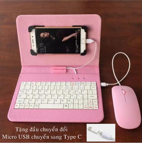 Bao da tích hợp bàn phím cho điện thoại - máy tính bảng 4.5 - 8 inch + chuột và Đầu chuyển đổi Micro USB chuyển sang Type C (hồng)