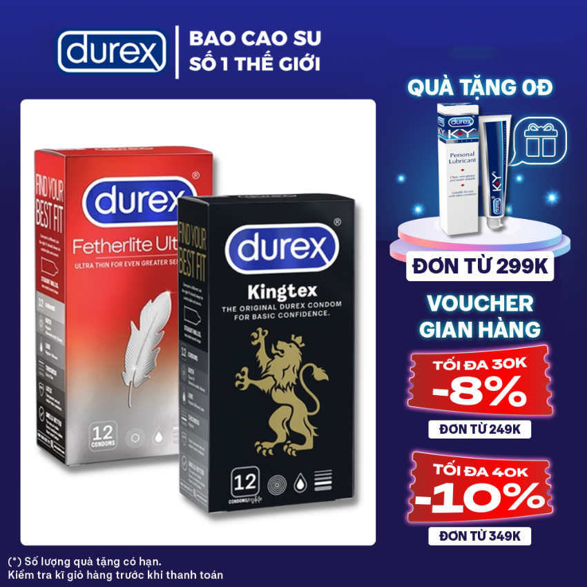 2 Hộp Bao cao su nam nữ Durex Fetherlite Ultima siêu mỏng + Durex Kingtex size cỡ nhỏ [Che tên SP 100%]