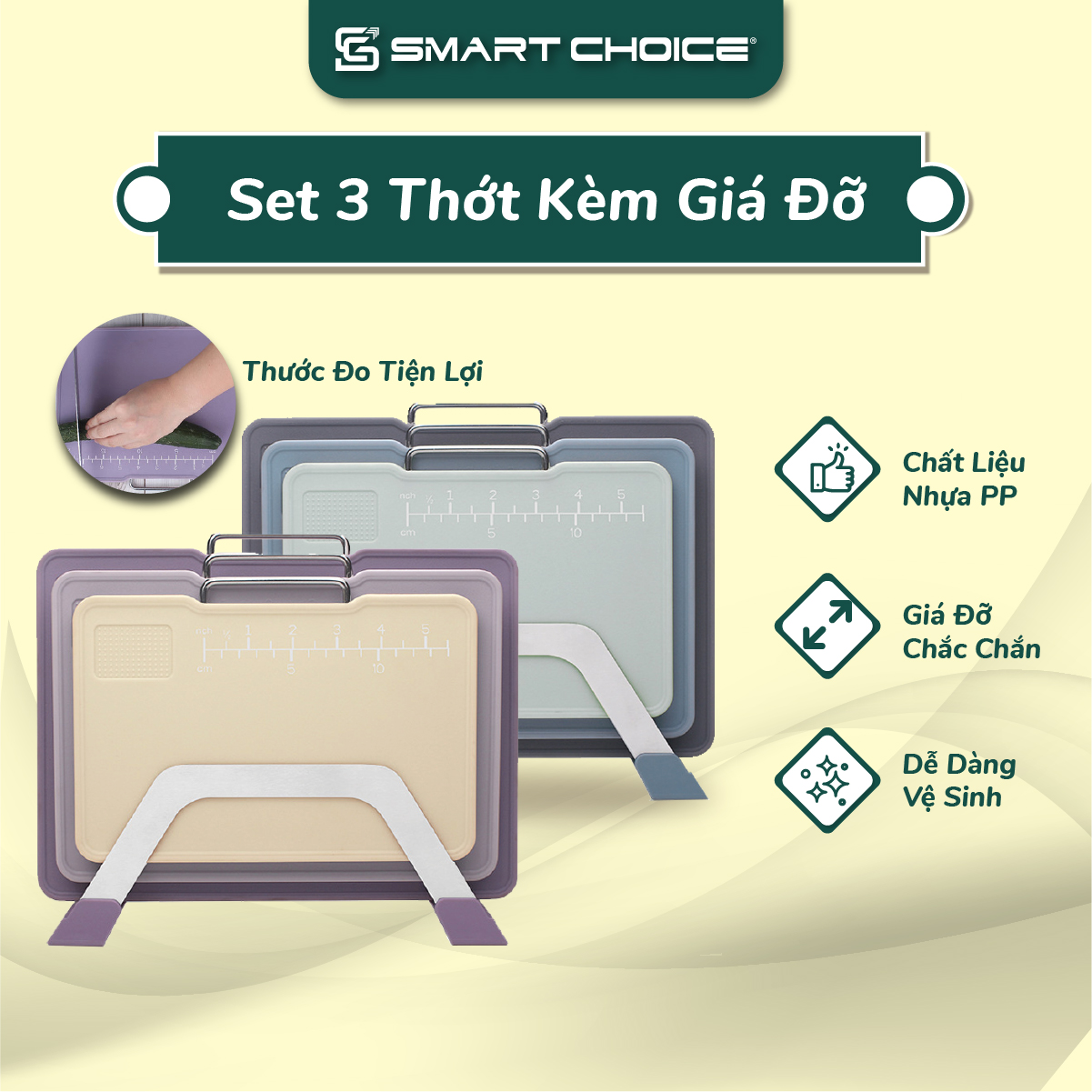 Thớt kháng khuẩn smartchoice kèm giá đỡ, bộ 3 thớt nhựa kháng khuẩn màu tím, xanh dương, thớt nhựa cao cấp.