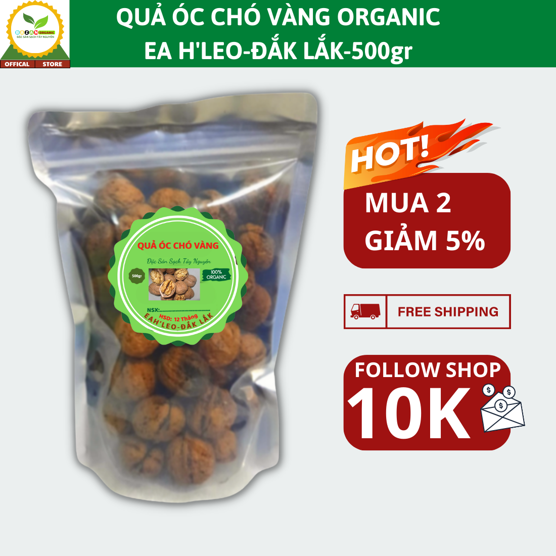 Quả óc chó vàng khô 500g organic sản xuất tại Đắk lắk thơm ngon thượng hạng giàu dinh dưỡng
