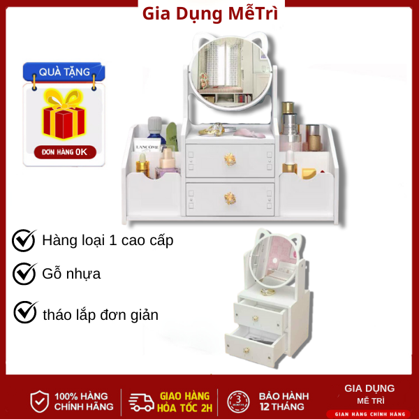 Kệ Mỹ Phẩm Kèm Gương Tai Mèo 2 Tầng,Kệ Mỹ Phẩm Gỗ Nhựa Để Bàn 2 Ngăn Có Gương Hình Mèo