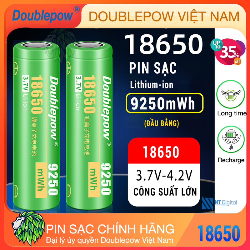 Pin sạc Doublepow 18650 3.7V 9250mWh - Pin 18650 (Đầu bằng) cho pin xe điện, máy khoan, nguồn dự phòng, thiế bị y tế, quạt cầm tay, loa Bluetooth
