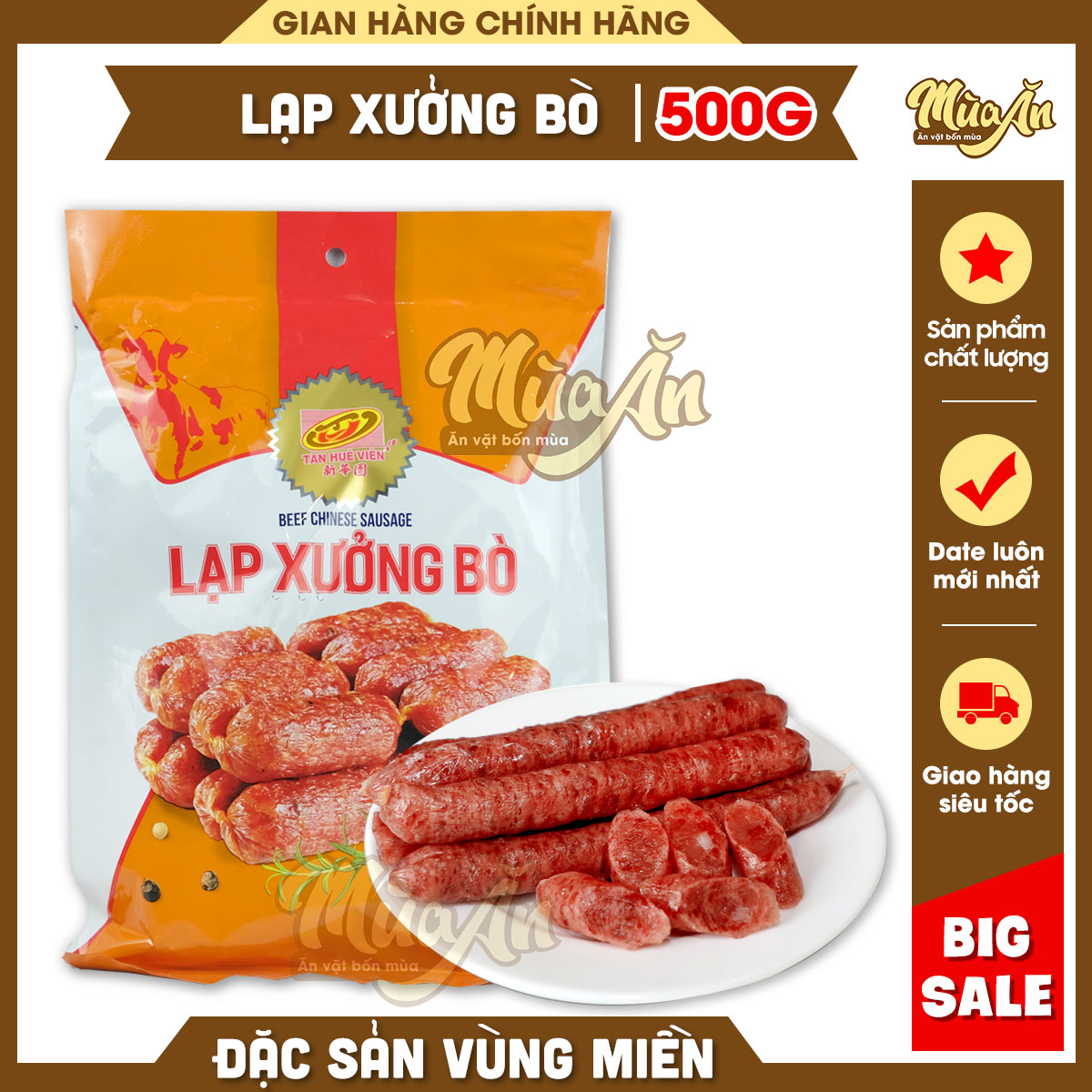 Lạp xưởng bò Tân Huê Viên Mai Quế Lộ, đặc sản lạp xưởng Sóc Trăng chính gốc túi 500g,Lạp xưởng tết 2023