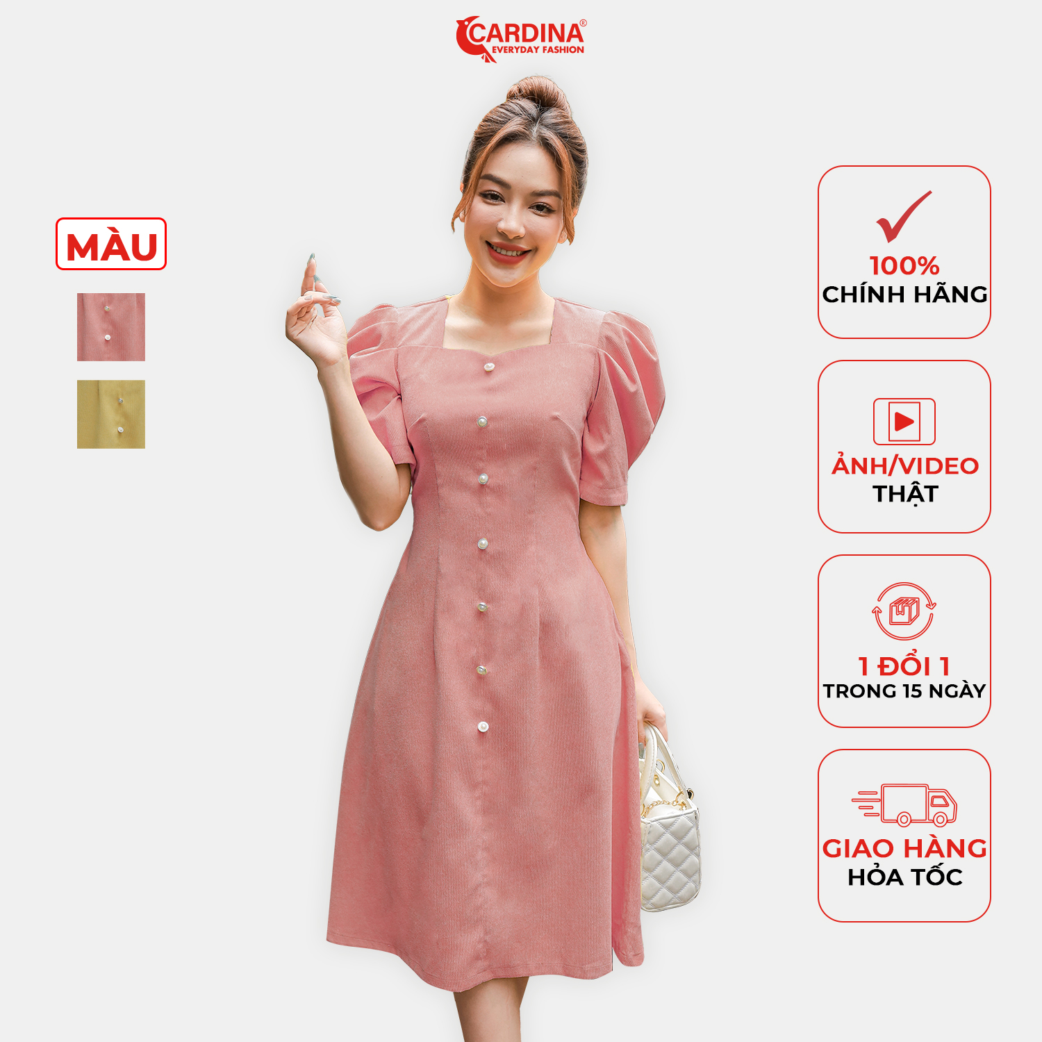 Đầm Nữ CARDINA Váy Công Sở Chất Nhung Tăm Cao Cấp Dáng Xòe Chữ A Cổ Vuông Tay Bồng Tôn Dáng Sang Trọng 2VN05