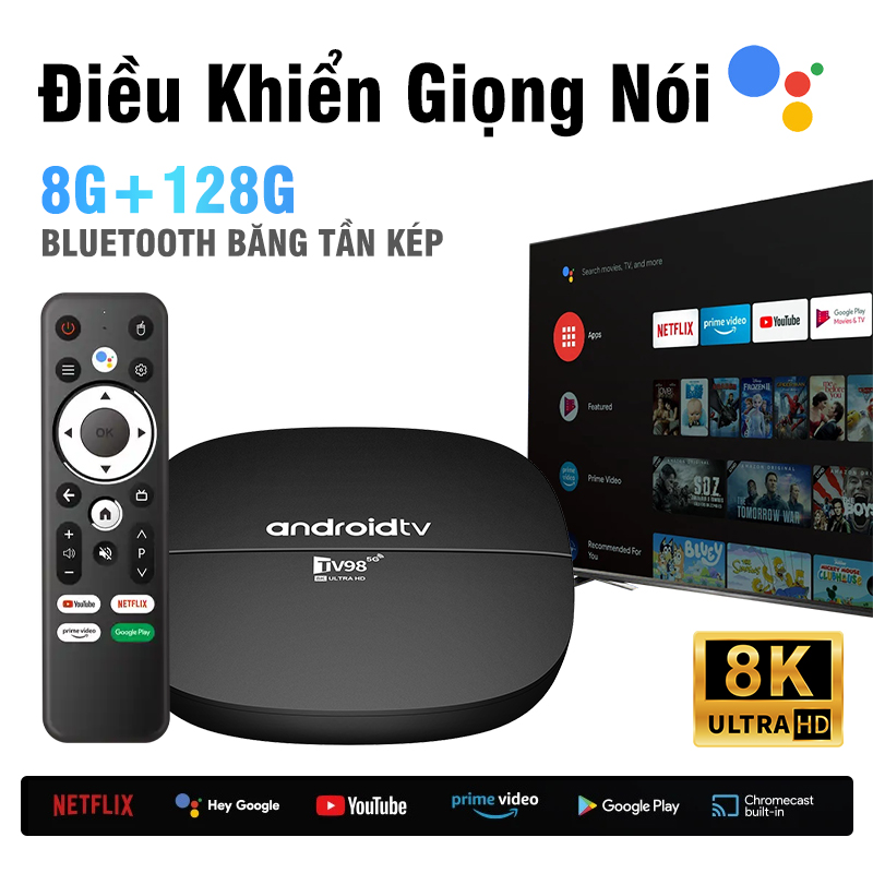  Android TV Box Hỗ Trợ Kiểm Soát Giọng Nói 8K 8G+128GB Việt Wifi 4G Bluetooth Băng Tần Kép Tivi Box 100 Kênh Miễn Phí 
