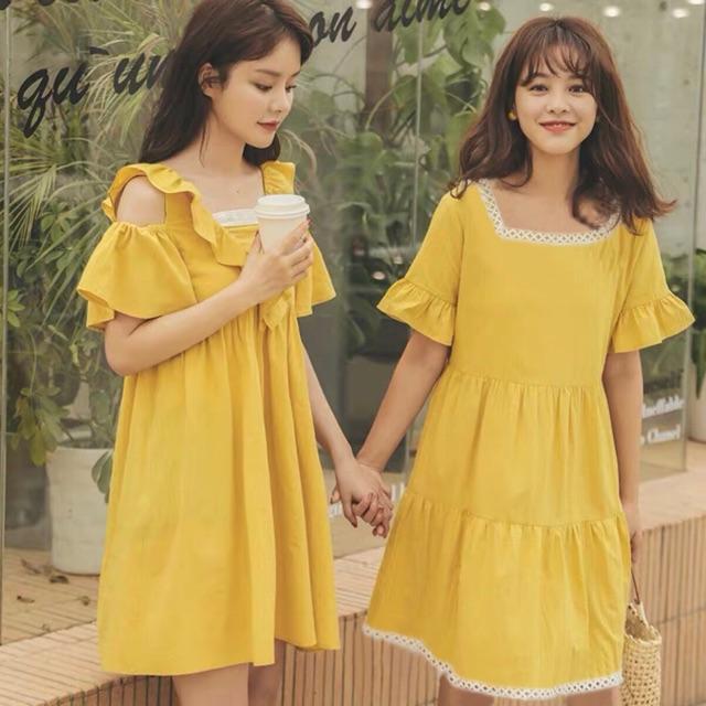 [HCM]Đầm vàng viền ren 2 kiểu (kèm hình thật) - Đầm nữ dự tiệc dạo phố dễ thương