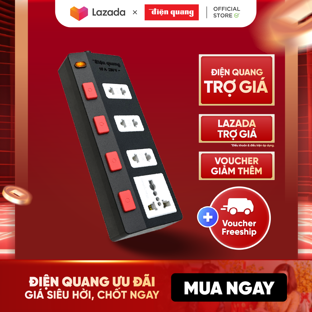 Ổ cắm điện đa năng Điện Quang ECO 4SBW (4 lỗ 4 công tắc) công suất 2500w, tự ngắt khi quá tải, BH 12 tháng