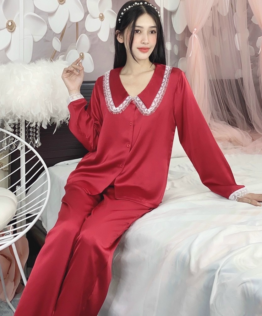 Bộ pijama lụa satin màu phối lai , tay dài size xl-2xl quần có túi sâu