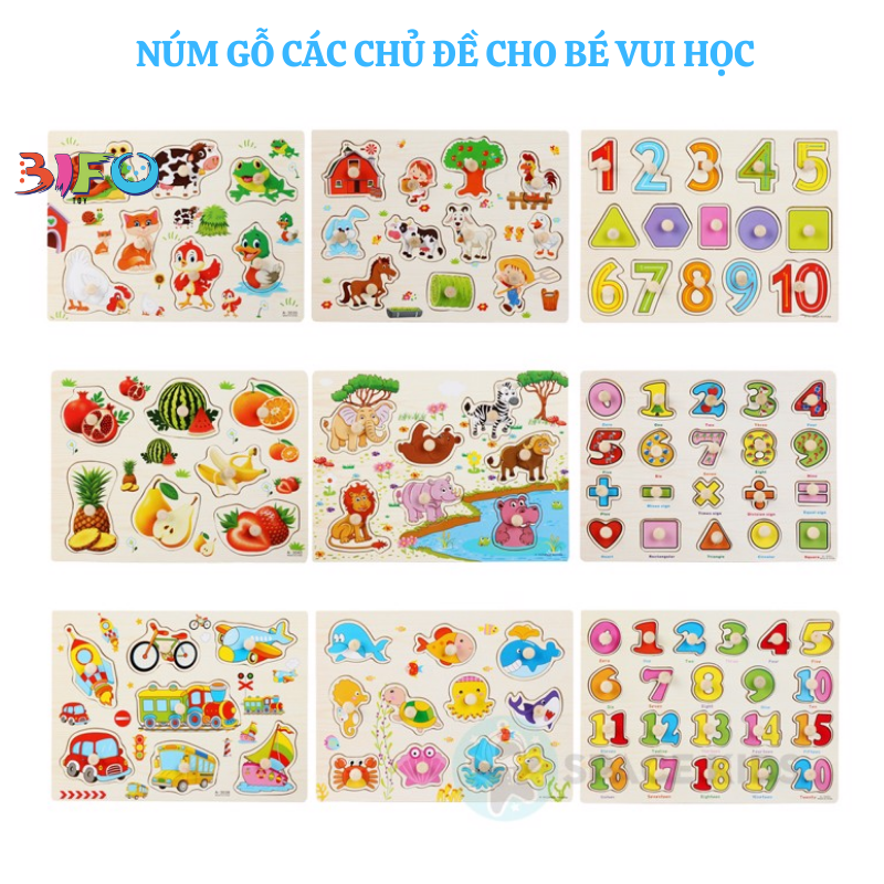 Đồ chơi giáo dục Bảng học số, học chữ, ghép hình núm gỗ nhiều chủ đề