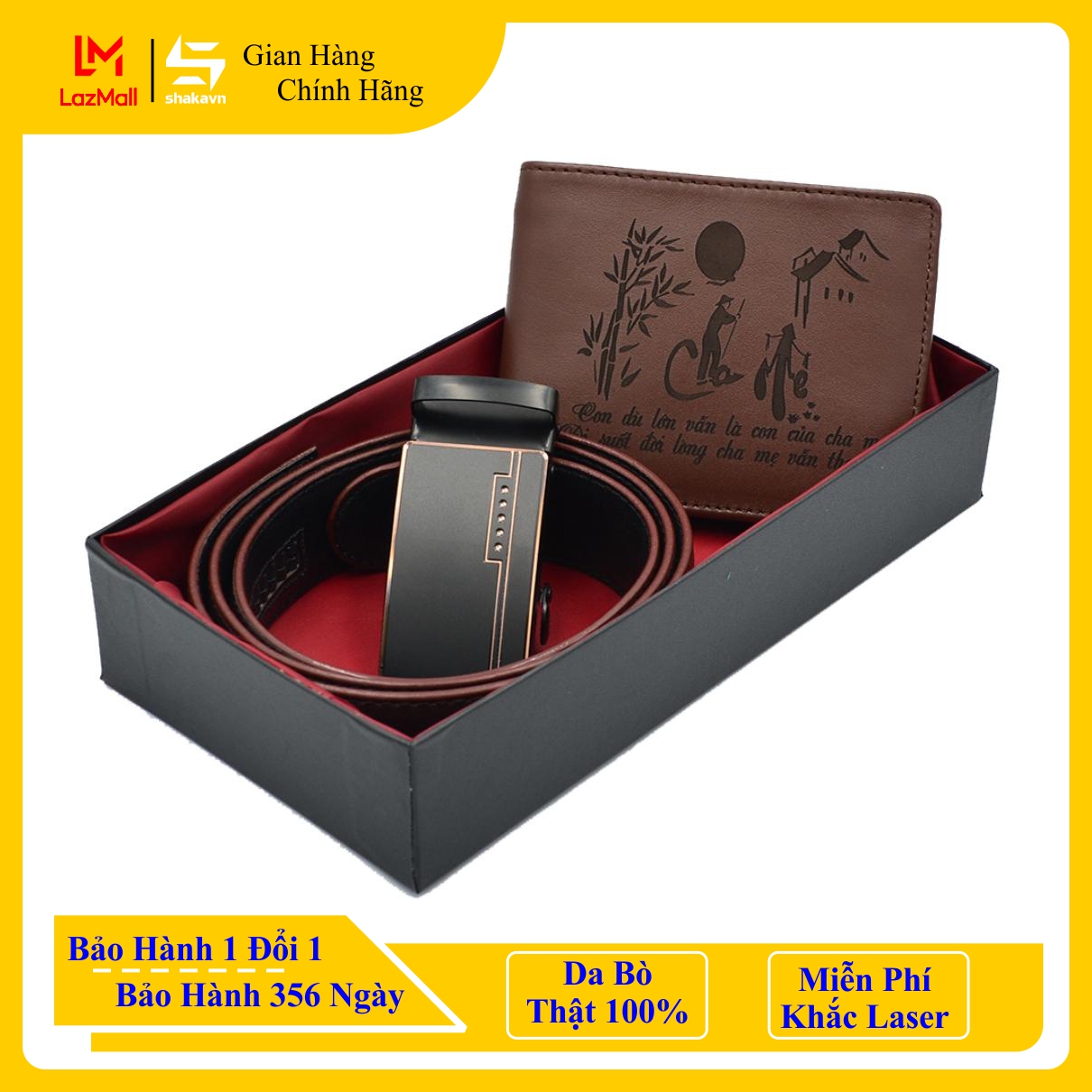 [COMBO SKN2] Ví Da Bò Khắc Laser + Thắt Lưng Thời Trang Shakavn