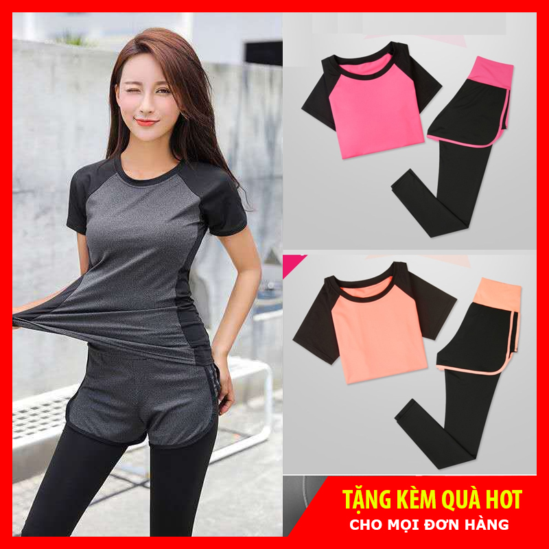 Bộ đồ thể thao tập Gym Yoga nữ, set quần áo tập Gym nữ 2 món áo thun quần legging 2 lớp vải thun lạnh co dãn 4 chiều