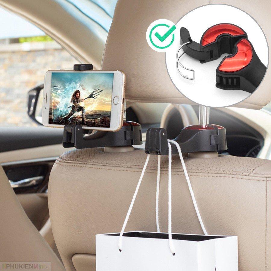 Giá móc treo đa năng kiêm kẹp đỡ điện thoại cài tựa đầu sau ghế ô tô xe hơi thiết kế mới chốt cài kim loại chắc chắn nhiều nấc móc xoay 360 độ chịu tải 5kg