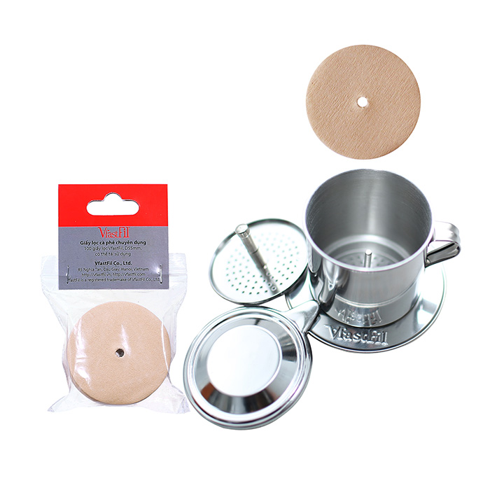 10 phin cafe Inox VfastFil và 10 túi giấy lọc cafe D55mm, mỗi lần pha được 1 - 2 ly cà phê. Phin cafe kết hợp giấy lọc cafe chuyên dụng tạo ra những ly cafe thơm ngon từng giọt thuần khiết