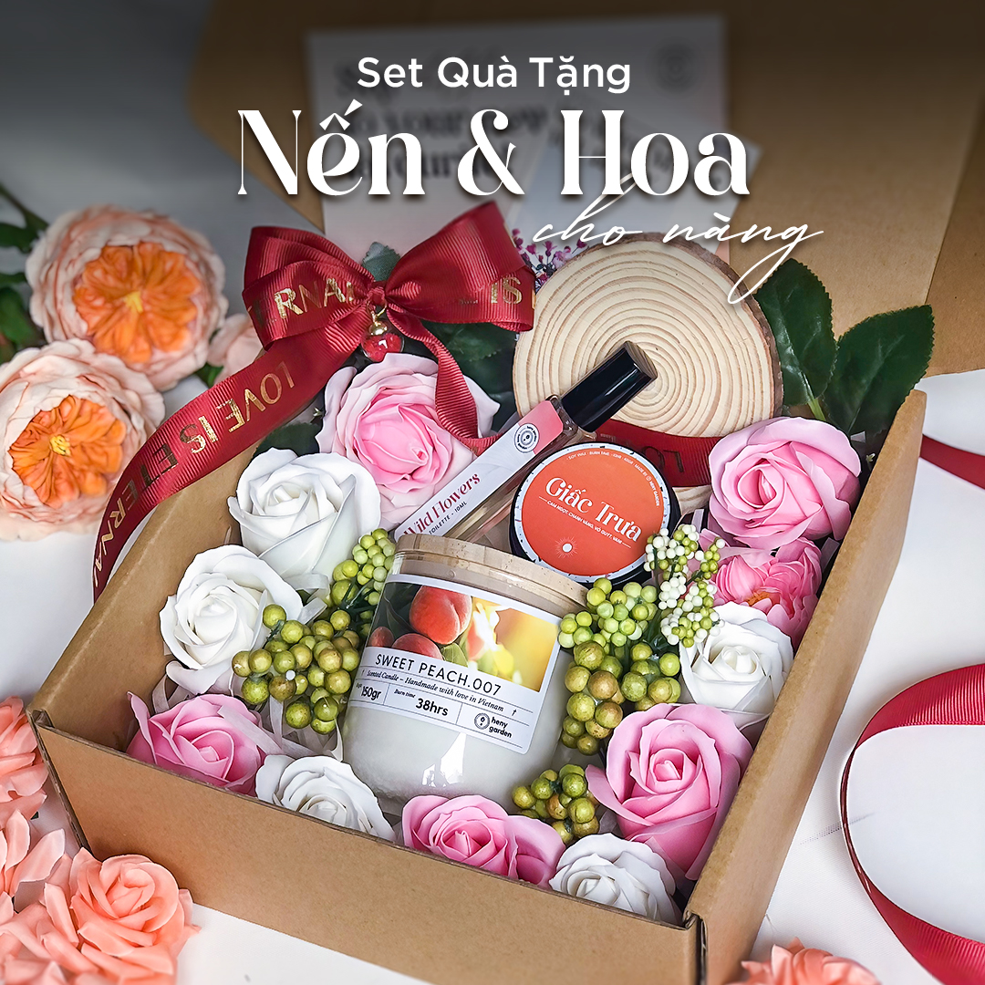 Set quà tặng 8/3 20/10 valentine nến thơm và hoa vĩnh cữu heny garden