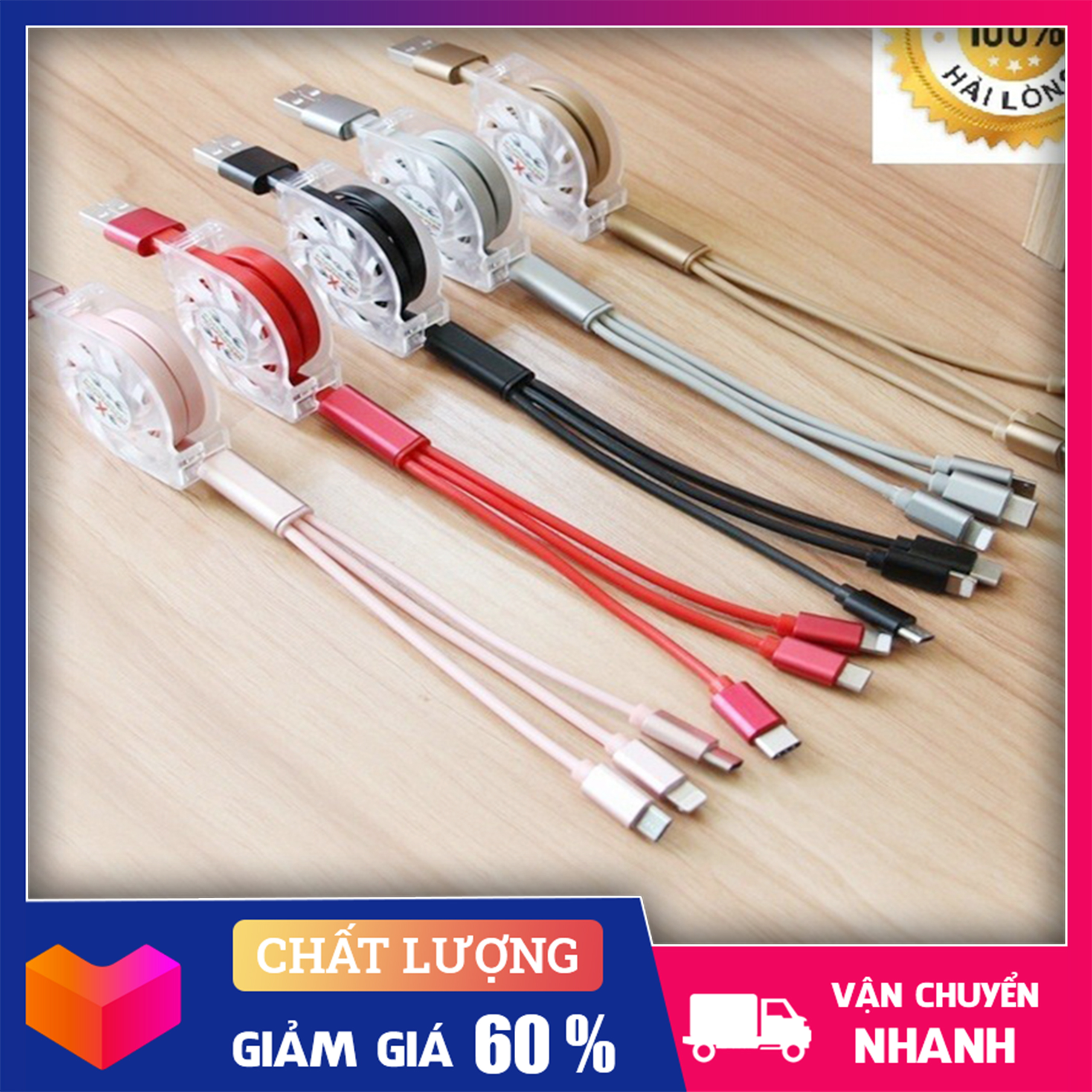 Cáp sạc rút tròn đa năng 3 đầu, 3 in 1 sạc nhanh, dây cao cấp siêu bền