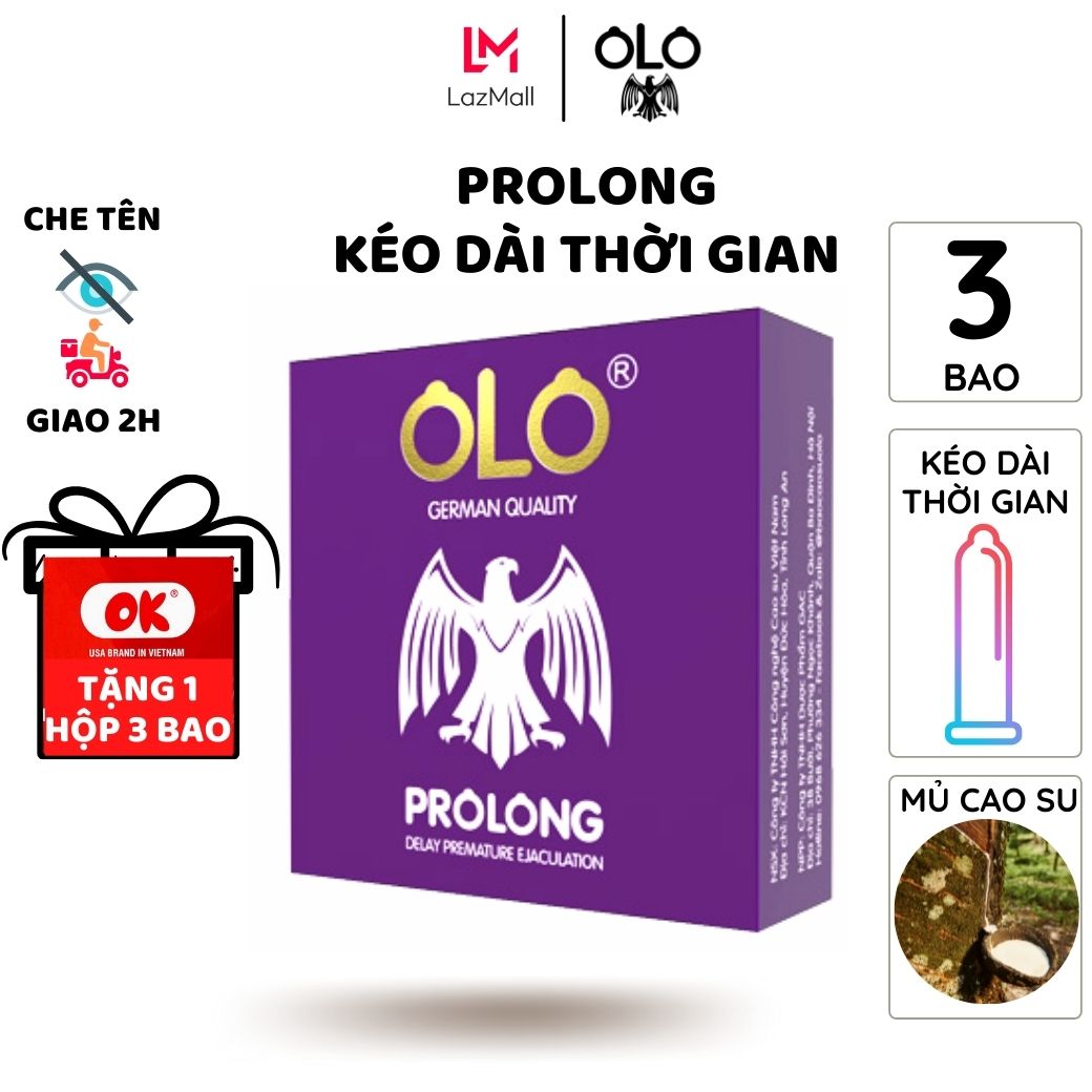 Bao cao su olo Prolong 3 bao/hộp kéo dài thời gian tinh dầu bạc hà siêu mỏng chống tuột
