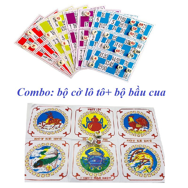 COMBO:Bộ cờ lô tô giấy và bộ bầu cua cá cọp giấy giải trí.