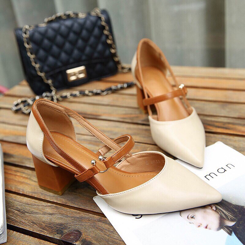 Giày Cao Gót Nữ Đế Vuông Cao 5P, Giày Sandal Nữ Thiết Kế Ôm Chân Hàng Chuẩn Size 35-40 Màu Kem Và Đe