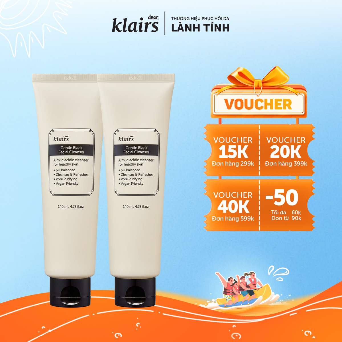 Combo 2 Dear, Klairs Sữa rửa mặt Gentle Black Facial Cleanser 140ml