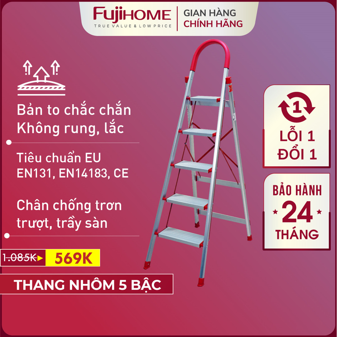 Thang ghế nhôm tay vịn chữ A 4 - 5 bậc từ 1,4M - 1,65M xếp gọn chính hãng FUJIHOME, Thang chữ A gia 