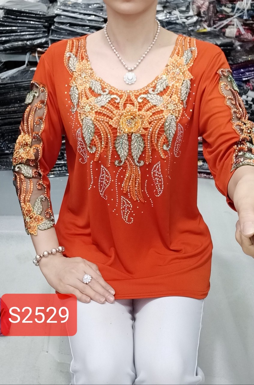 Áo trung niên cao cấp - vải solen đính đá pha lê - thêu hoa 3d từ 50kg đến 65kg