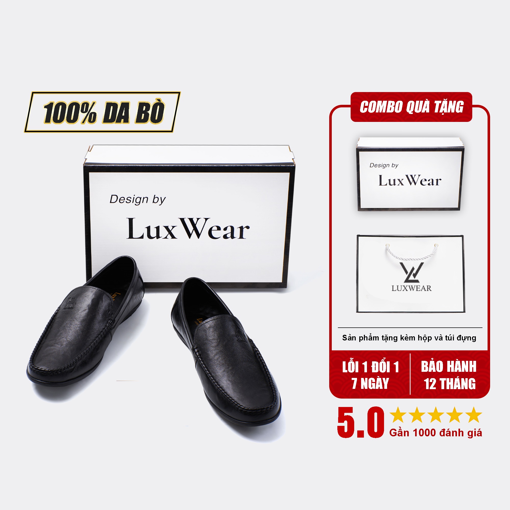 Giày lười nam da bò cao cấp đế khâu LuxWear màu đen có quà tặng kèm tất lười hoặc lót giày cao cấp GM01