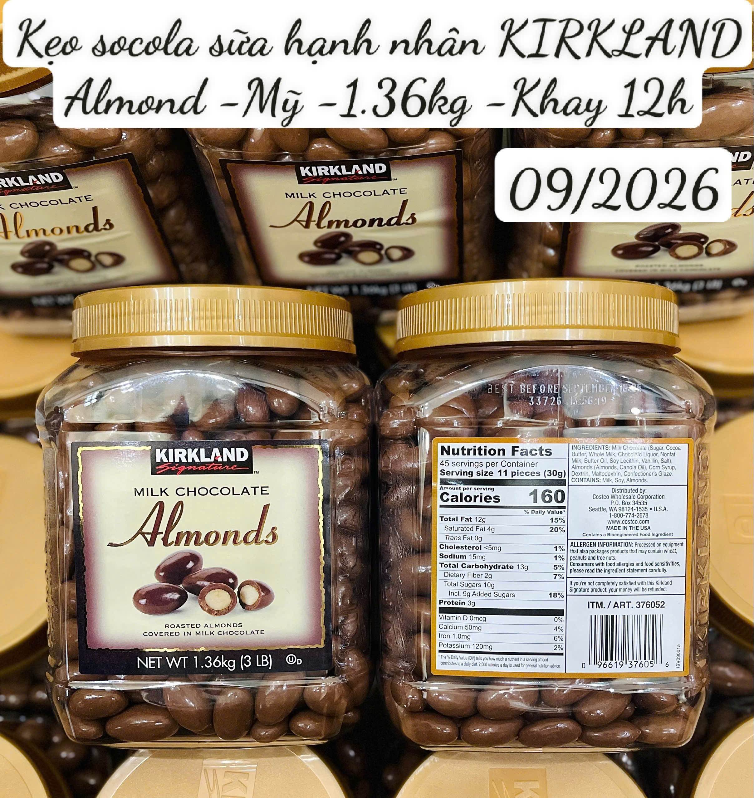 Kirkland Milk Chocolate Almonds American Milk Chocolate Candy Coated with Almonds - Super Large Jar 1.36kg