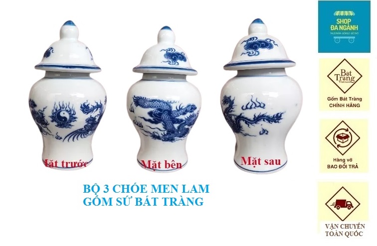 Bộ 3 chóe đựng nước trên ban thờ cỡ nhỏ S4, gốm sứ Bát Tràng