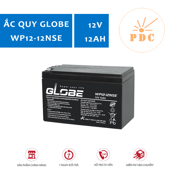 Ắc quy GLOBE 12V 12Ah, WP12-12NSE (Cọc Vít) Cho UPS, Xe Điện - (PDC-TECH)
