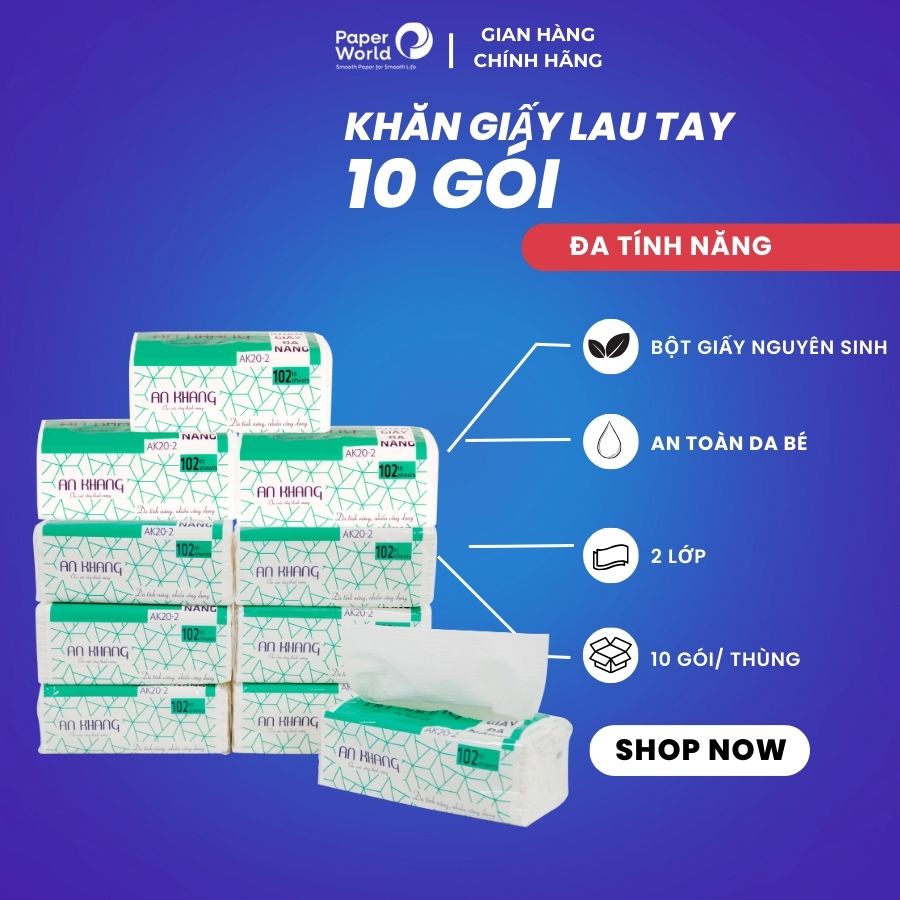 Combo 10 gói khăn giấy rút lau tay đa năng 2 lớp AN KHANG | Thế Giới Giấy | 100% bột giấy nguyên sinh | AK20-2 | khăn giấy khô đa năng giá rẻ | cam kết hàng chất lượng | khăn giấy thùng| 10AK20-2