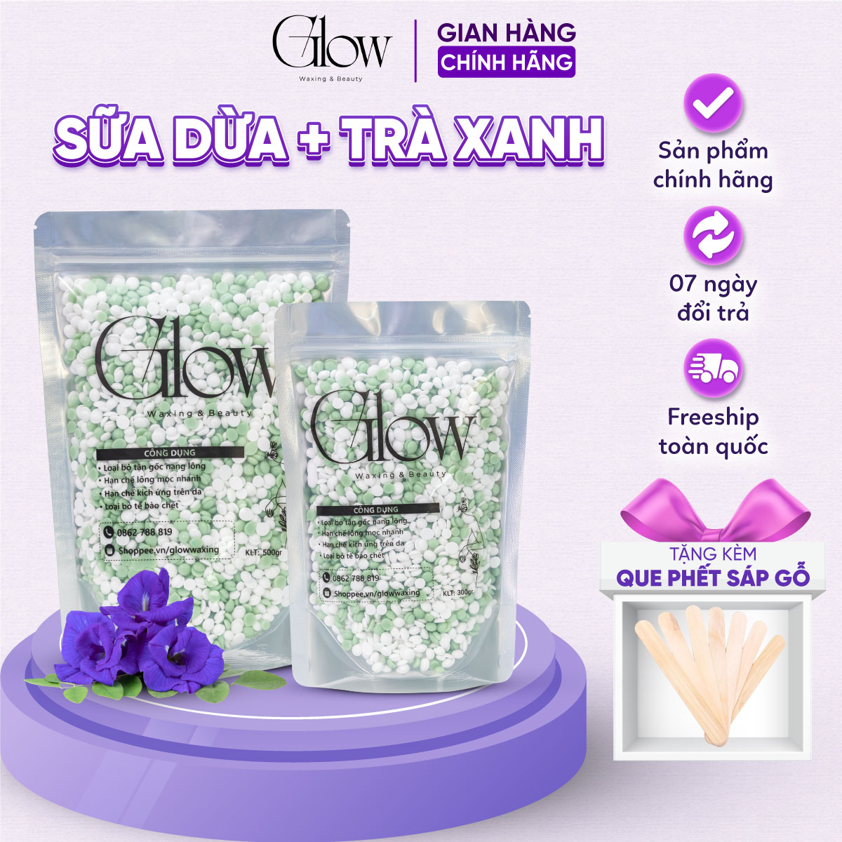 Sáp Wax Lông Trà Xanh Mix Sữa Dừa Siêu Bám Lông Chuyên Dùng Cho Tất Cả Loại Da Kể Cả Da Nhạy Cảm GLOW WAXING Tặng Que CHE TÊN SẢN PHẨM