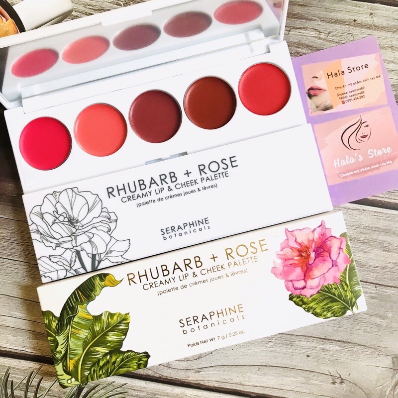 Bảng son môi kiêm má hồng Seraphine Botanicals Rhubarb + Rose - Creamy Lip & Cheek Palette 5 màu