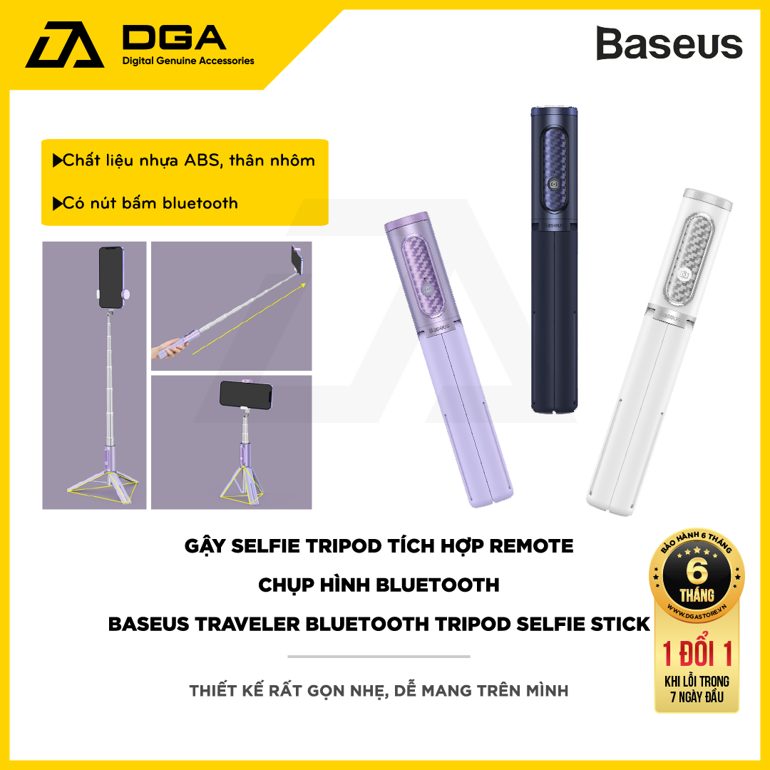 Gậy Selfie Tripod tích hợp Remote chụp hình bluetooth Baseus Traveler Bluetooth Tripod Selfie Stick có remote điều khiển