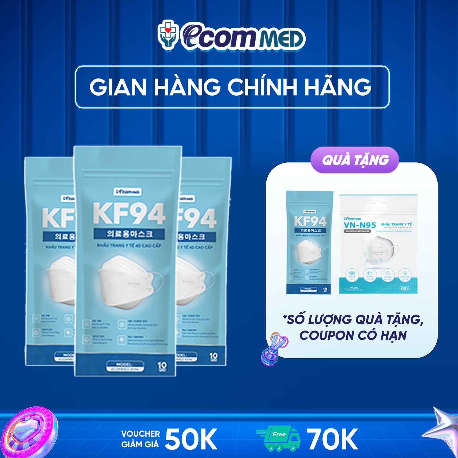 Thùng 150 cái Khẩu Trang KF94 EcomMed thông thoáng không đau tai Đạt Chuẩn FDA Hoa Kỳ