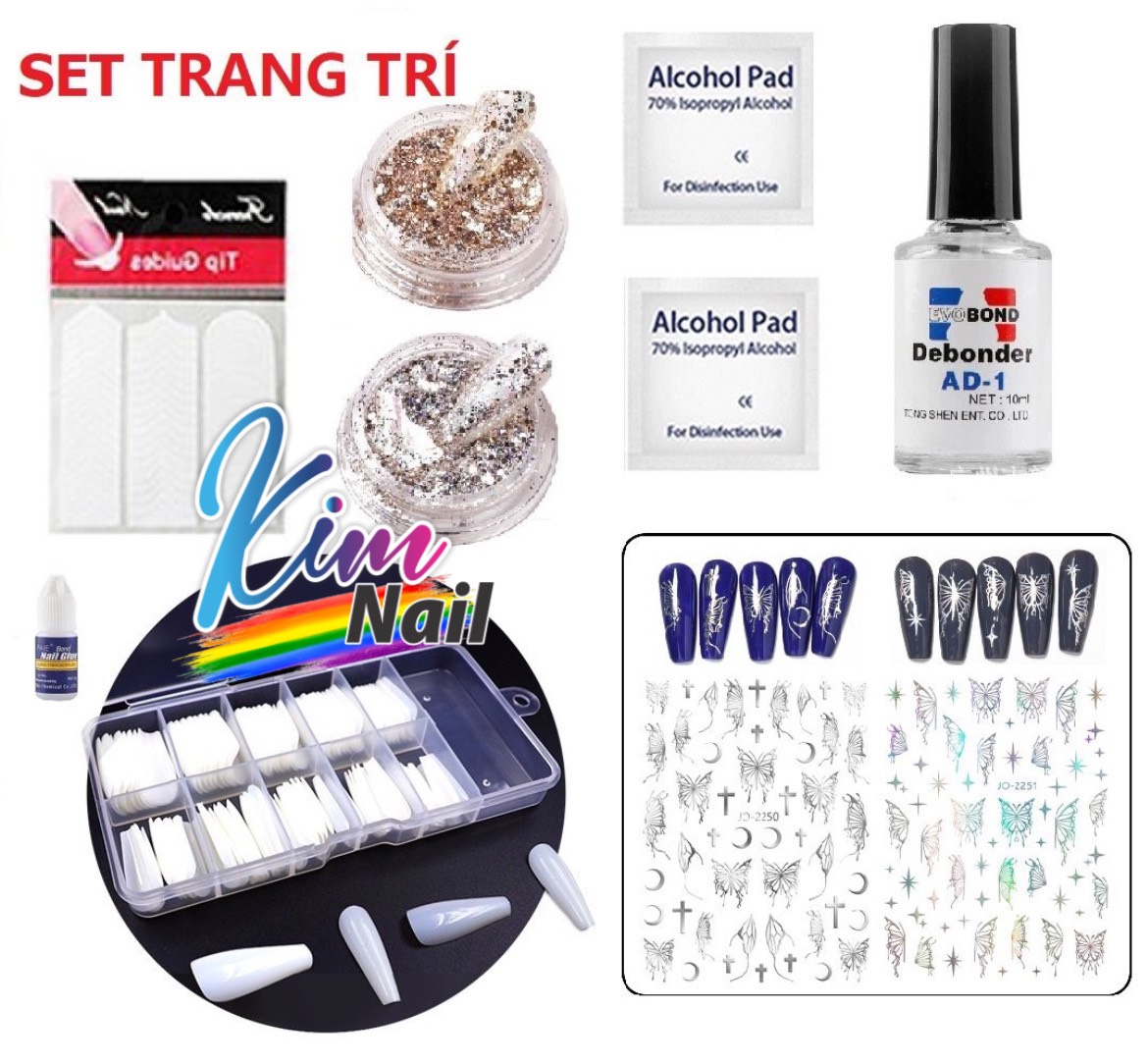 Set trang trí móng/ Hũ kim tuyến trắng/ Hũ kim tuyến vàng/ sticker dán móng/ Hộp móng giả/Nước sáng đá tháo móng giả