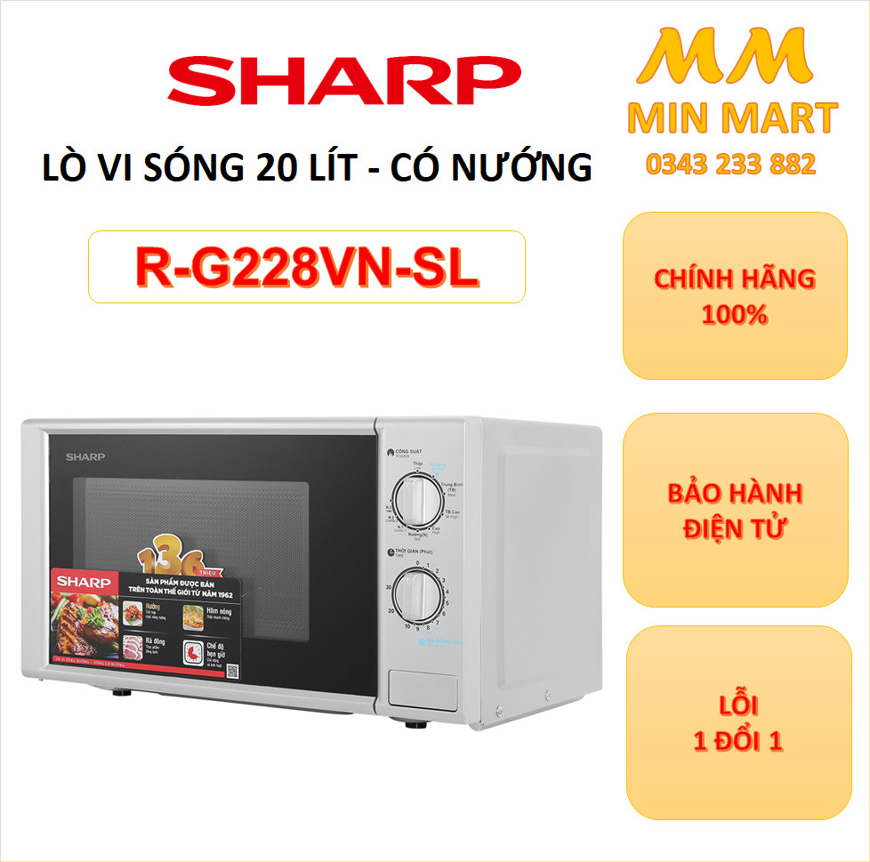 Lò vi sóng Sharp có nướng R-G228VN-SL 20 lít: Chính hãng, Bảo hành 12 tháng, Lỗi 1 đổi 1