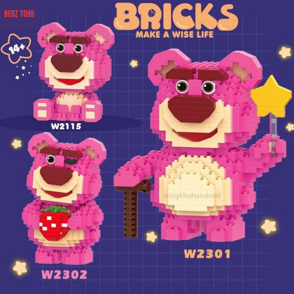 Mô hình lắp ráp gấu dâu lotso, đồ chơi lắp ráp gấu dâu hoạt hình dễ thương