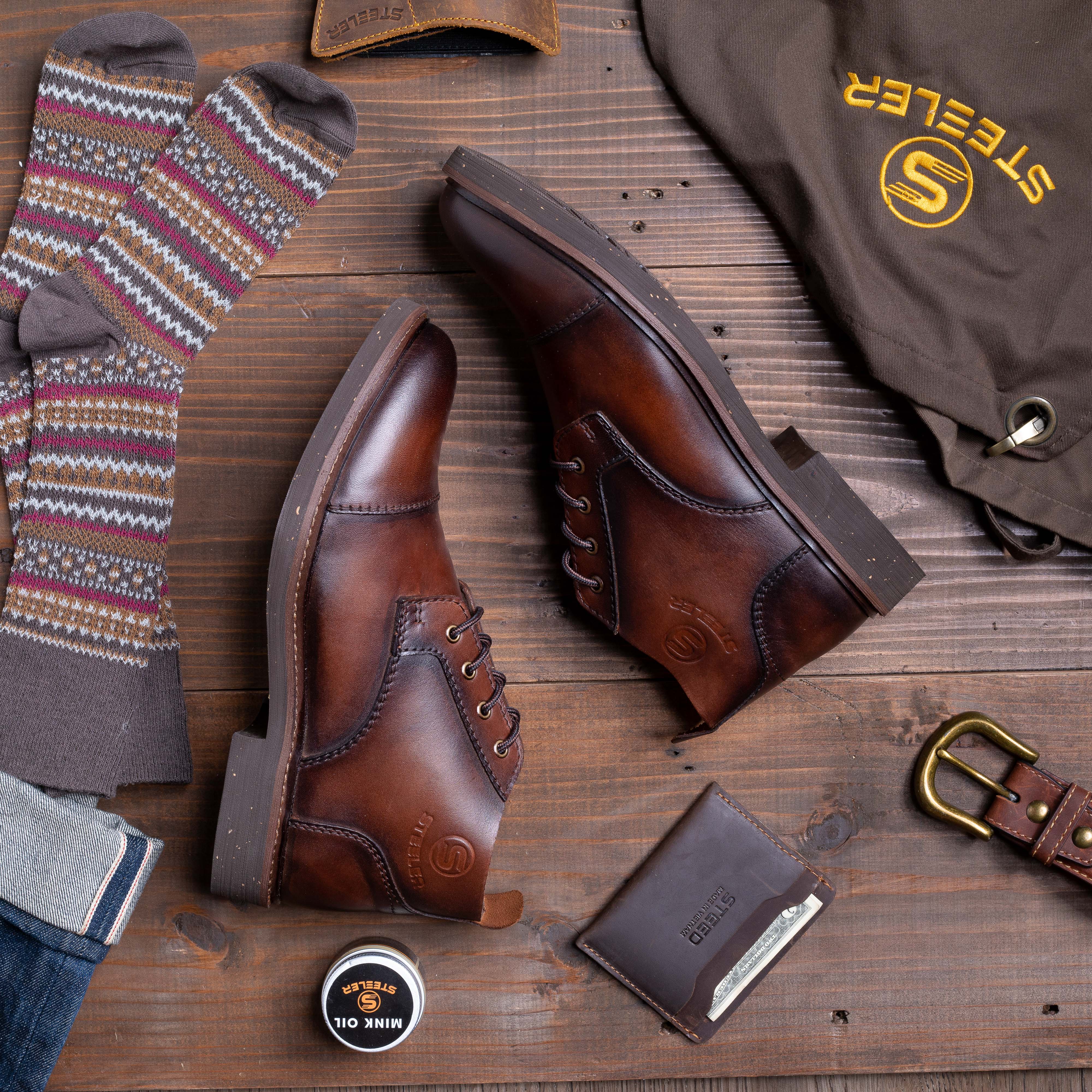 Giày Boots Cổ Lửng Nam Chukka Hunter Da Bê Nâu Đỏ Đế Khâu Mckay
