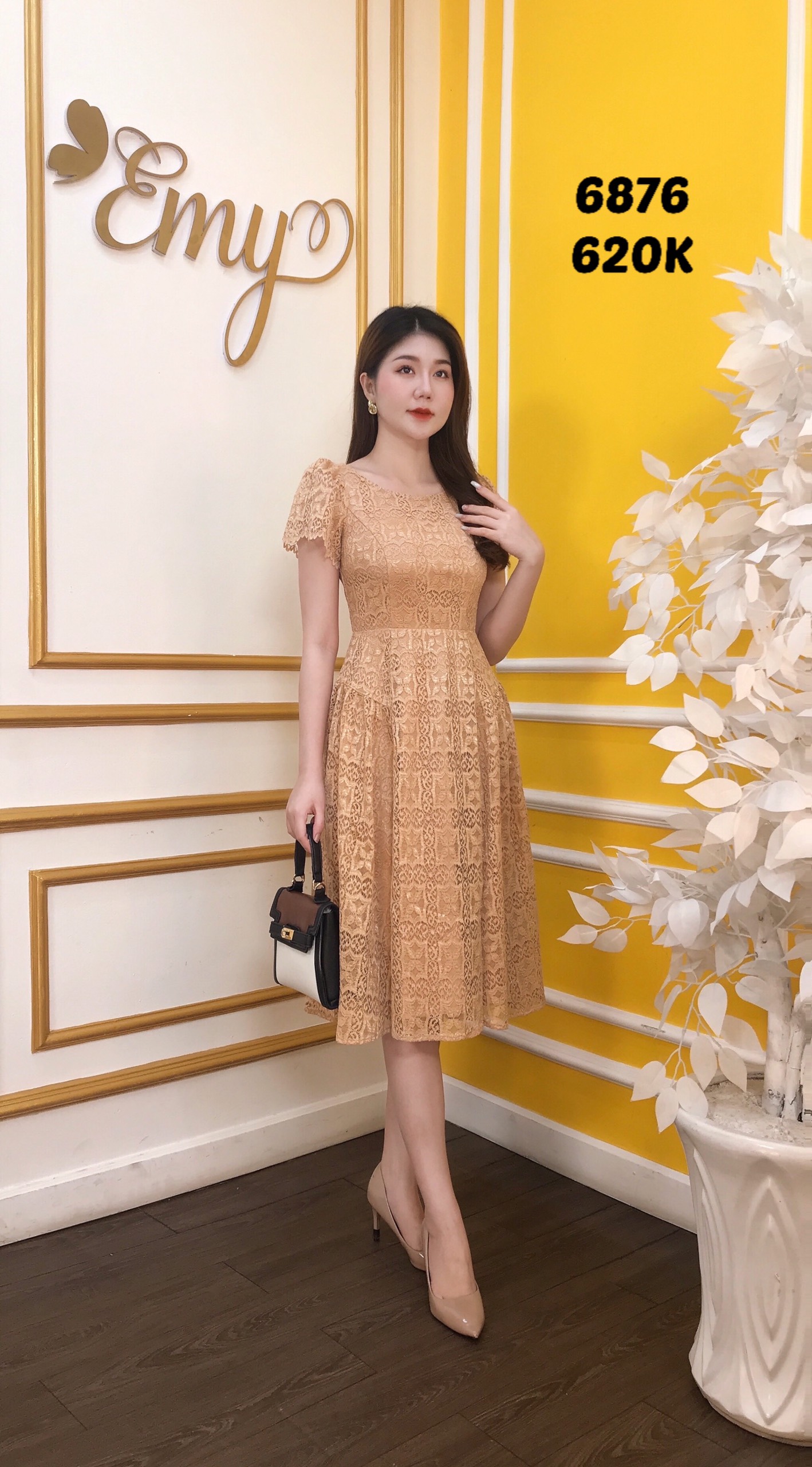 Đầm emy em6876 xoè ren nâu