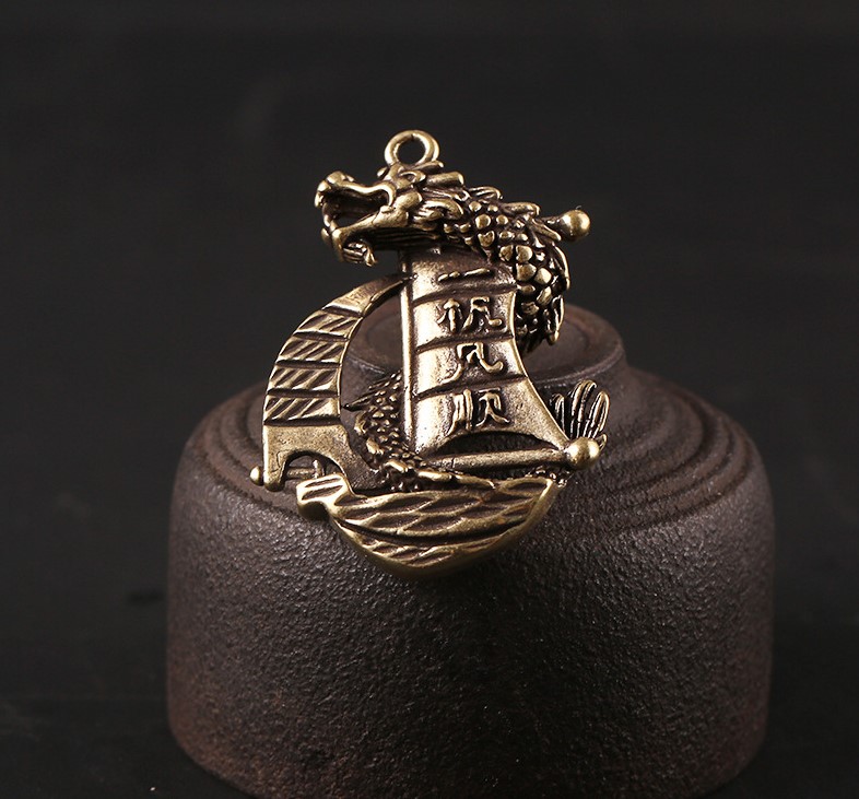 Tượng Đồng Phong Thủy Hình Thuyền Rồng, Trang Trí Đem Lại May Mắn, Móc Khóa Mặt Dây Chuyền (Kích Thước: 3.4 x 4.7cm)