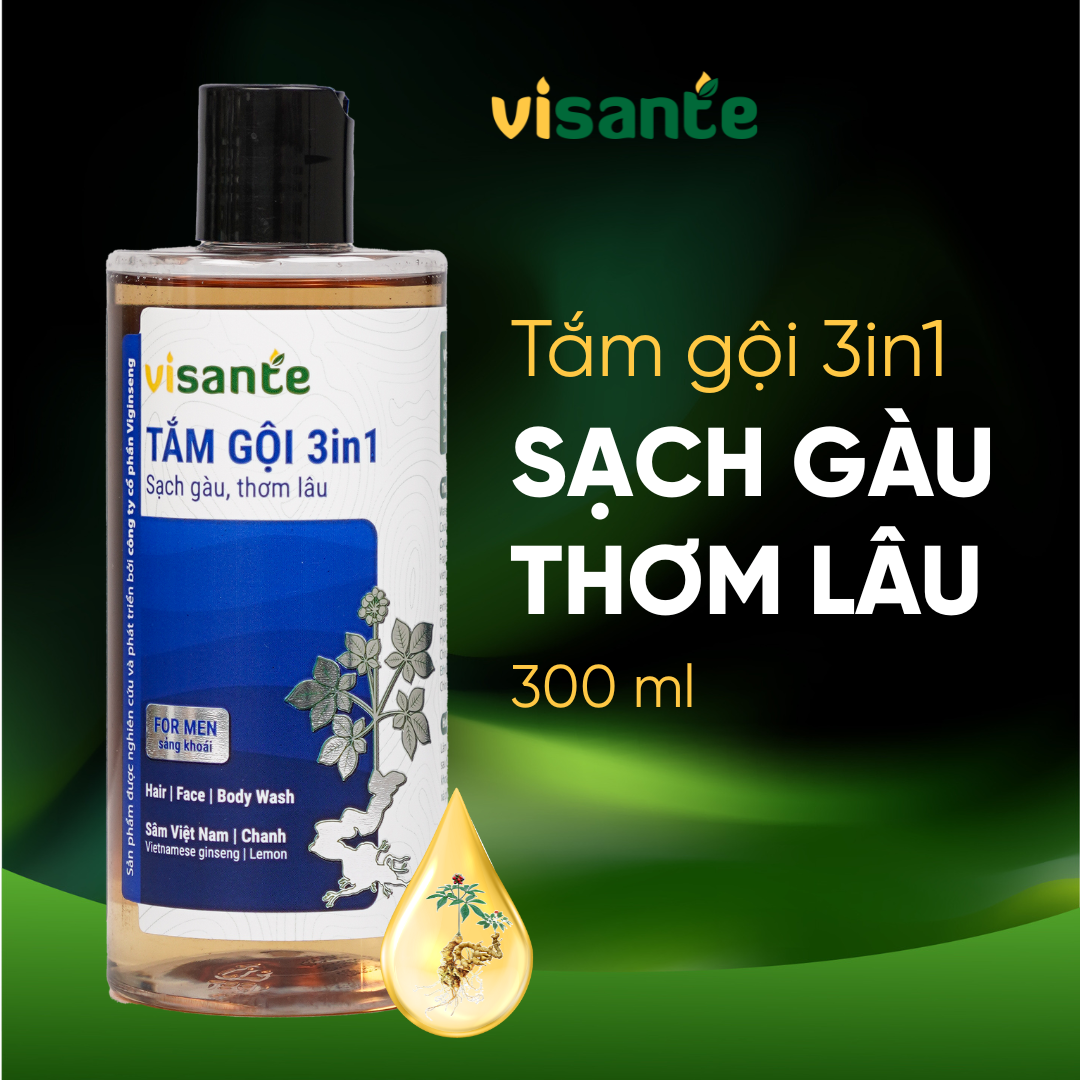 Sữa Tắm Gội Nam 3in1 Sạch Gàu, Hương Thơm Nam Tính VISANTE Từ Sâm Việt Nam 300ml