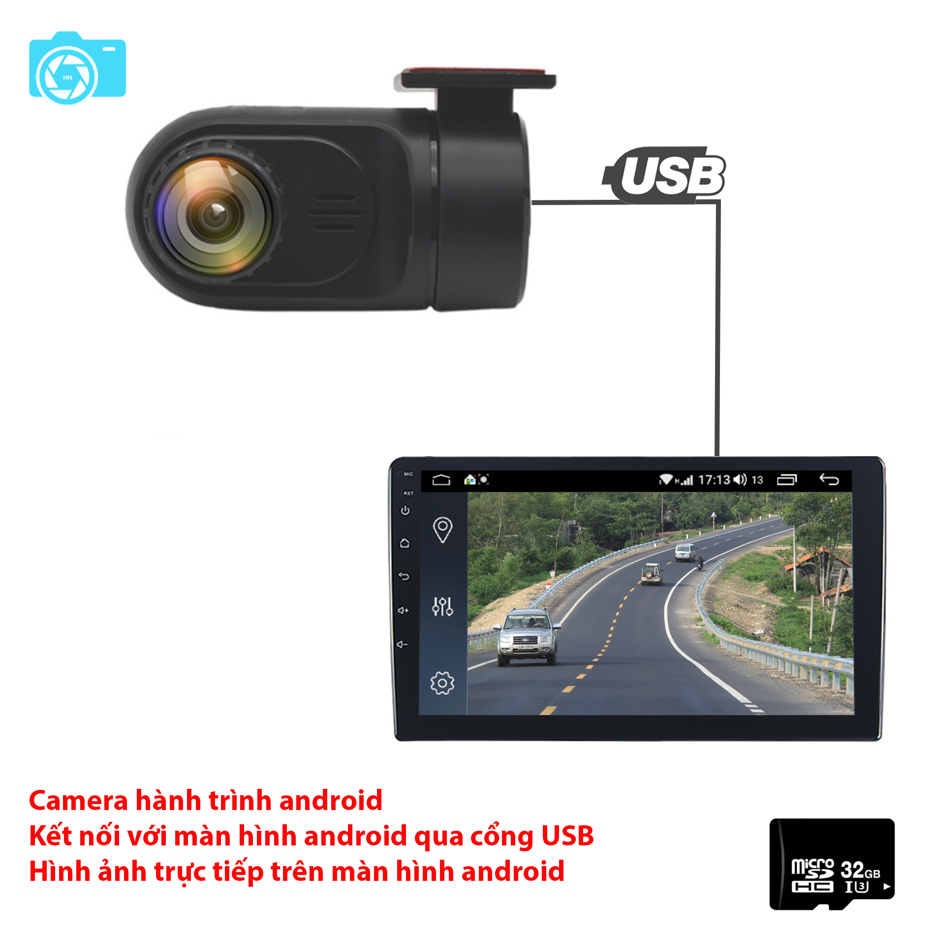 Camera hành trình android, lắp cùng đầu android, điện thoại android độ phân giải 1080*720P HD, model F2, tặng thẻ nhớ 32GB