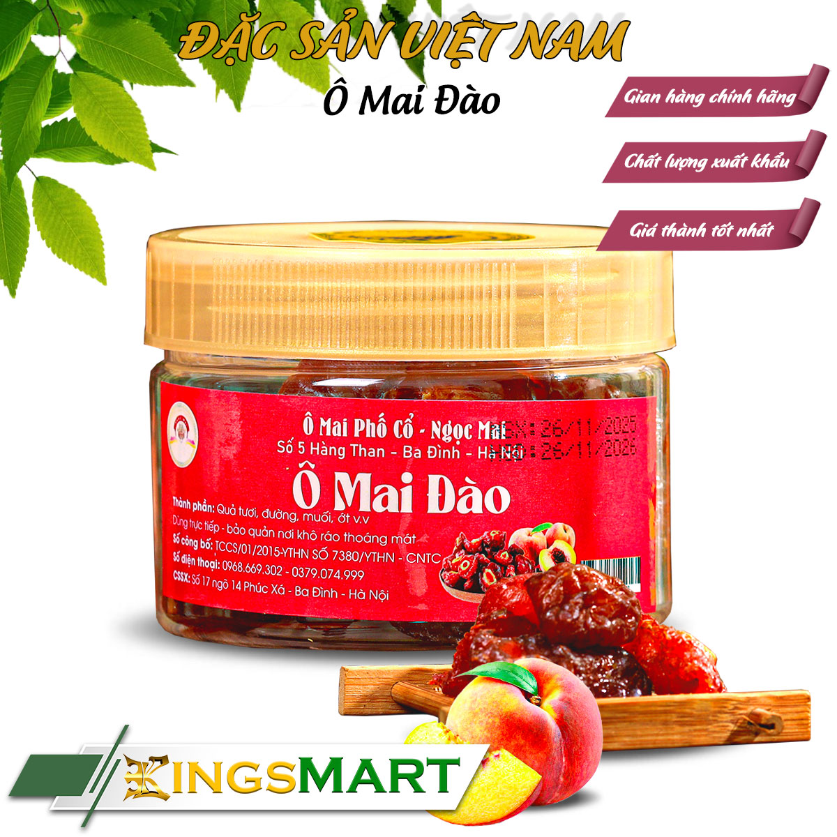 Ô mai đào bổ - Thương hiệu NGỌC MAI - Đặc sản phố cổ Hà Nội - Hũ 200g - Kingsmart